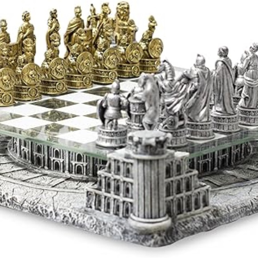 New Ancient Roman Gladiators 3D Chess Board Game Set, Glass Board, Handmade Gold